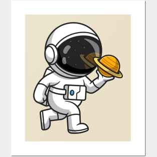 Cute Astronaut Holding Planet Cartoon Posters and Art